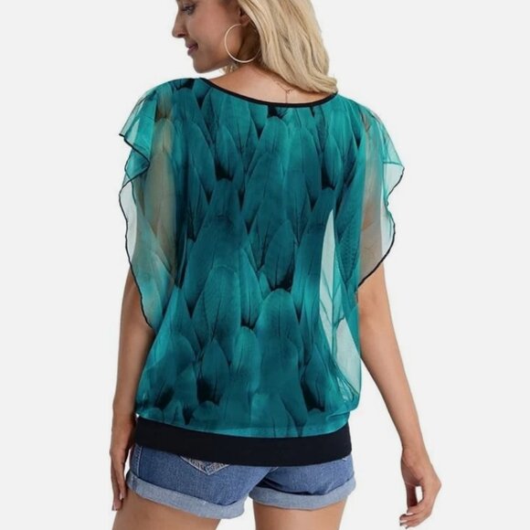 BAISHENGGT Womens Summer Tops Flutter Short Sleeve Pleated Front Mesh Teal 4XL - Picture 14 of 14